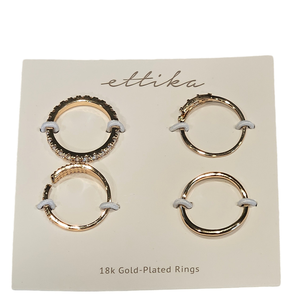 Ettika 18K Gold‎ Plated Crystal Embellished Ring Set of Four Glam Stack Size 8